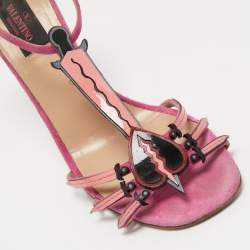 Valentino Pink Suede and Patent Leather Love Blade T-Strap Sandals Size 38