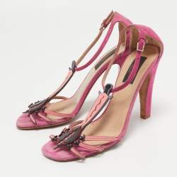 Valentino Pink Suede and Patent Leather Love Blade T-Strap Sandals Size 38