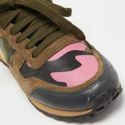 Pre Owned Valentino Multicolor Suede, Camo Print Leather and Canvas Rockrunner Sneakers Size 35.5