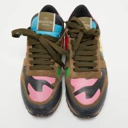 Pre Owned Valentino Multicolor Suede, Camo Print Leather and Canvas Rockrunner Sneakers Size 35.5