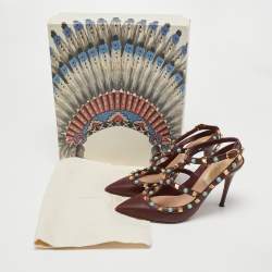 Pre Owned Valentino Burgundy Leather Rolling Rockstud Ankle Strap Pumps Size 36.5