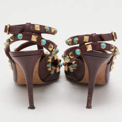 Pre Owned Valentino Burgundy Leather Rolling Rockstud Ankle Strap Pumps Size 36.5