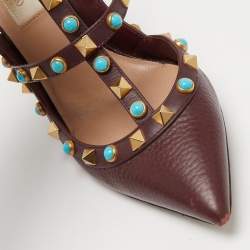 Pre Owned Valentino Burgundy Leather Rolling Rockstud Ankle Strap Pumps Size 36.5