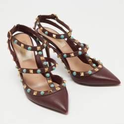 Pre Owned Valentino Burgundy Leather Rolling Rockstud Ankle Strap Pumps Size 36.5