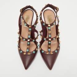 Pre Owned Valentino Burgundy Leather Rolling Rockstud Ankle Strap Pumps Size 36.5