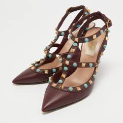 Pre Owned Valentino Burgundy Leather Rolling Rockstud Ankle Strap Pumps Size 36.5