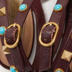 Pre Owned Valentino Burgundy Leather Rolling Rockstud Ankle Strap Pumps Size 36.5