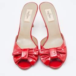Pre Owned Valentino Red Patent Leather Bow Slide Sandals Size 40