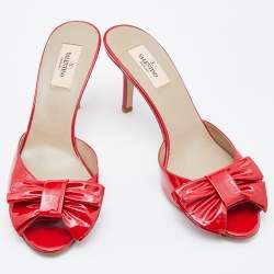 Pre Owned Valentino Red Patent Leather Bow Slide Sandals Size 40
