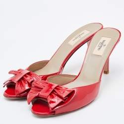 Pre Owned Valentino Red Patent Leather Bow Slide Sandals Size 40