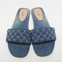 Pre Owned Valentino Blue Denim Embellished Flat Slides Size 40