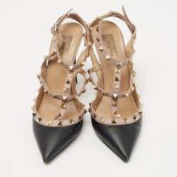 مملوكة مسبقًا Valentino Black Leather Rockstud Ankle Strap Pumps Size 38.5