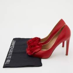 Pre Owned Valentino Red Leather Flower Applique Peep Toe Pumps Size 36