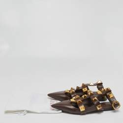 Pre Owned Valentino Brown Leather Roman Stud Ankle Strap Flats Size 39