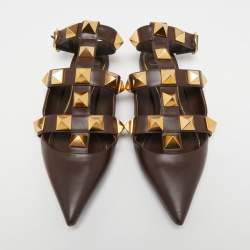 Pre Owned Valentino Brown Leather Roman Stud Ankle Strap Flats Size 39