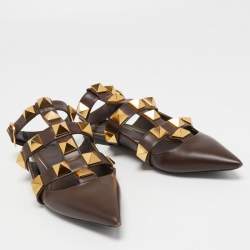 Pre Owned Valentino Brown Leather Roman Stud Ankle Strap Flats Size 39