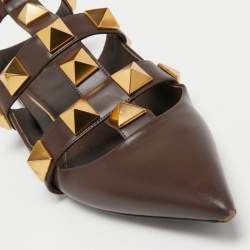 Pre Owned Valentino Brown Leather Roman Stud Ankle Strap Flats Size 39