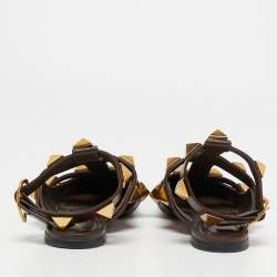 Pre Owned Valentino Brown Leather Roman Stud Ankle Strap Flats Size 39