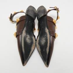 Pre Owned Valentino Brown Leather Roman Stud Ankle Strap Flats Size 39