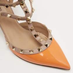 Pre Owned Valentino Orange Patent Leather Rockstud Ankle Strap Pumps Size 37.5