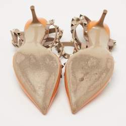 Pre Owned Valentino Orange Patent Leather Rockstud Ankle Strap Pumps Size 37.5