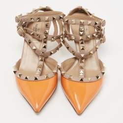 Pre Owned Valentino Orange Patent Leather Rockstud Ankle Strap Pumps Size 37.5