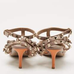 Pre Owned Valentino Orange Patent Leather Rockstud Ankle Strap Pumps Size 37.5