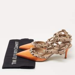 Pre Owned Valentino Orange Patent Leather Rockstud Ankle Strap Pumps Size 37.5
