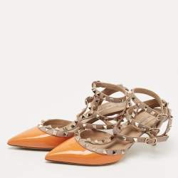 Pre Owned Valentino Orange Patent Leather Rockstud Ankle Strap Pumps Size 37.5