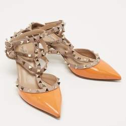 Pre Owned Valentino Orange Patent Leather Rockstud Ankle Strap Pumps Size 37.5
