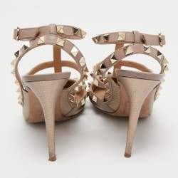 Pre Owned Valentino Metallic Pink Leather Rockstud Ankle Strap Pumps Size 39