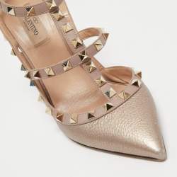 Pre Owned Valentino Metallic Pink Leather Rockstud Ankle Strap Pumps Size 39