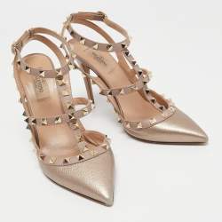 Pre Owned Valentino Metallic Pink Leather Rockstud Ankle Strap Pumps Size 39