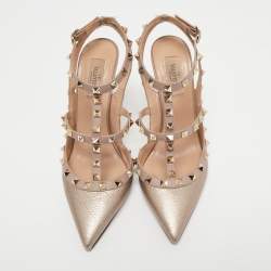 Pre Owned Valentino Metallic Pink Leather Rockstud Ankle Strap Pumps Size 39