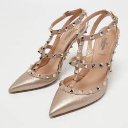 Pre Owned Valentino Metallic Pink Leather Rockstud Ankle Strap Pumps Size 39
