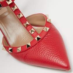 Pre Owned Valentino Red Leather Rockstud Ankle Strap Pumps Size 37