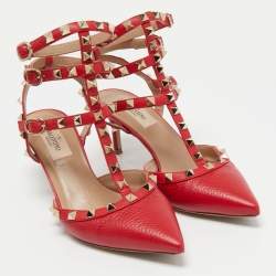 Pre Owned Valentino Red Leather Rockstud Ankle Strap Pumps Size 37