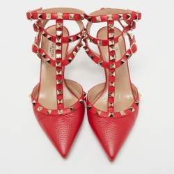 Pre Owned Valentino Red Leather Rockstud Ankle Strap Pumps Size 37
