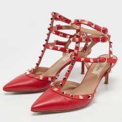 Pre Owned Valentino Red Leather Rockstud Ankle Strap Pumps Size 37