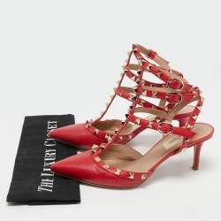 Pre Owned Valentino Red Leather Rockstud Ankle Strap Pumps Size 37