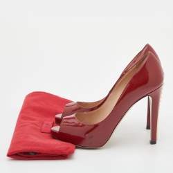 Pre Owned Valentino Red Patent Leather Rockstud Heel Peep Toe Pumps Size 38.5