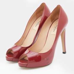 Pre Owned Valentino Red Patent Leather Rockstud Heel Peep Toe Pumps Size 38.5