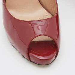Pre Owned Valentino Red Patent Leather Rockstud Heel Peep Toe Pumps Size 38.5