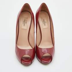 Pre Owned Valentino Red Patent Leather Rockstud Heel Peep Toe Pumps Size 38.5