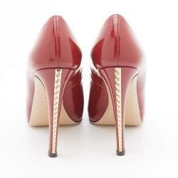 Pre Owned Valentino Red Patent Leather Rockstud Heel Peep Toe Pumps Size 38.5
