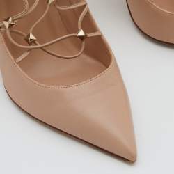 Pre Owned Valentino Beige Leather Rockstud Tie Up Pointed Toe Pumps Size 38