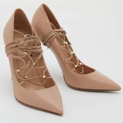 Pre Owned Valentino Beige Leather Rockstud Tie Up Pointed Toe Pumps Size 38