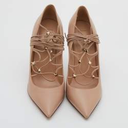 Pre Owned Valentino Beige Leather Rockstud Tie Up Pointed Toe Pumps Size 38