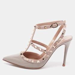 Pre Owned Valentino Grey Patent Leather Rockstud Sandals Size 38.5