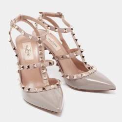 Pre Owned Valentino Grey Patent Leather Rockstud Sandals Size 38.5